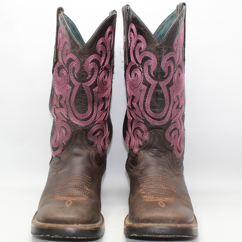 Ferrini Womens Brown Leather Pink Embroidered Square Toe Western Boots 7.5 B 993